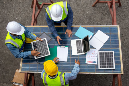 Brainstorming communications of technician professional team  in safety helmets and uniforms with solar photovoltaic panels, sustainable development conceptの写真素材