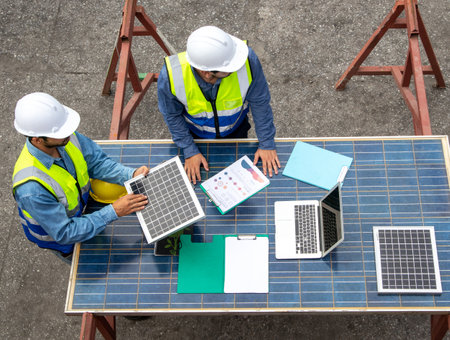 Brainstorming communications of technician professional team  in safety helmets and uniforms with solar photovoltaic panels, sustainable development conceptの写真素材