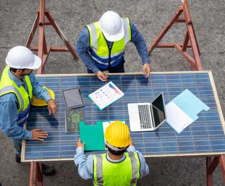 Brainstorming communications of technician professional team  in safety helmets and uniforms with solar photovoltaic panels, sustainable development conceptの写真素材