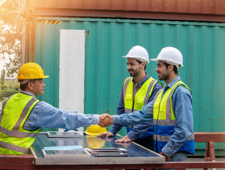 Happy male technicians team in safety helmets and uniforms giving each other high-fives and smiling while working together at the workplace, happiness at work conceptの写真素材