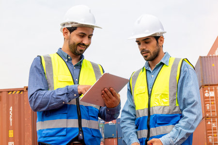 Two professional engineers in safety helmets and uniforms consulting each together in a container shipping company, a collaboration conceptの写真素材