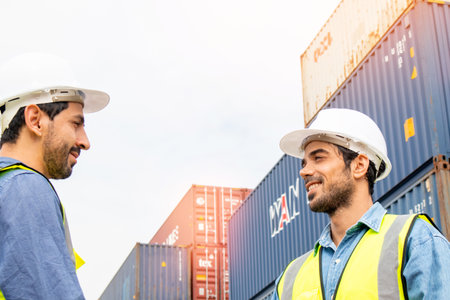 Two professional engineers in safety helmets and uniforms consulting each together in a container shipping company, a collaboration conceptの写真素材