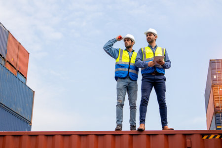 Two happy teams of businessmen checking goods at a container shipping company, the concept of happiness at work.の写真素材