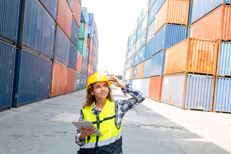 Professional worker in helmet and uniform inspecting cargo at freight container shipping company before being exported to the port.の写真素材