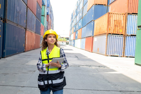 Professional worker in helmet and uniform inspecting cargo at freight container shipping company...