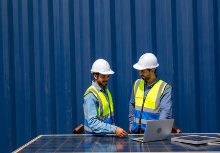 Two engineers team discuss plan using photovoltaic solar panel at workplace, sustainable development conceptの写真素材