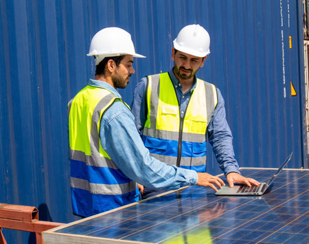 Two engineers team discuss plan using photovoltaic solar panel at workplace, sustainable development conceptの写真素材