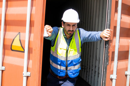 A male worker wearing a safety vest and helmet opens the container door and conducts regular inspectionsの写真素材