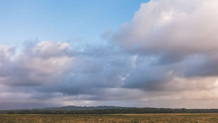 Clouds and blue sky hang over field on tropical islandの写真素材