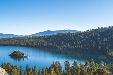 Emerald Bay, Lake Tahoe, California with view of Fannette island on clear dayの写真素材