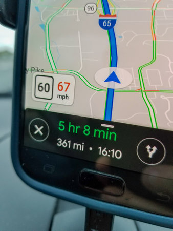 Mobile Phone Navigation using GPS App while driving close upのeditorial素材