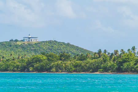 Lighthouse sits on a hill in Fajardo Puerto Rico surrounded by palm treesの写真素材