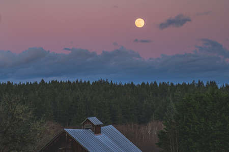 Dramatic Evening sky with yellow moon rising over County sceneの写真素材