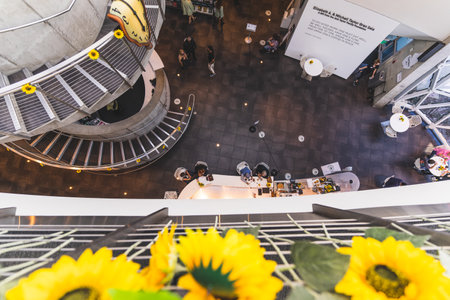 Top down view of spiral staircase and Cafe Gala inside the Dali Museum