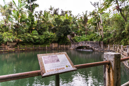 informational sign at Bano Grande swim area in El Yunque Forest Puerto Ricoのeditorial素材