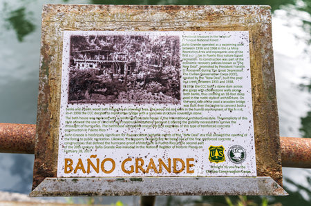 informational sign at Bano Grande swim area in El Yunque Forest Puerto Ricoのeditorial素材