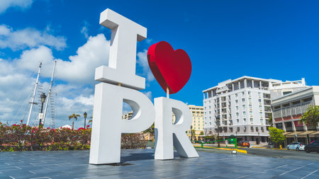 I love Puerto Rico sign on sunny day in front of the San Juan buildingsのeditorial素材