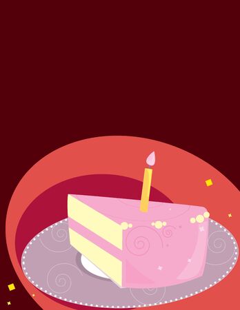 Pink birthday cake slice on a red backgroundの写真素材
