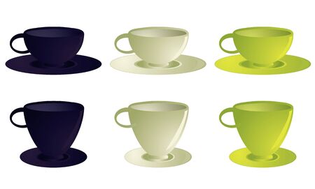 Several variations of empty teacups on saucers in blue, white, and yellow each isolate on a white backgroundの写真素材