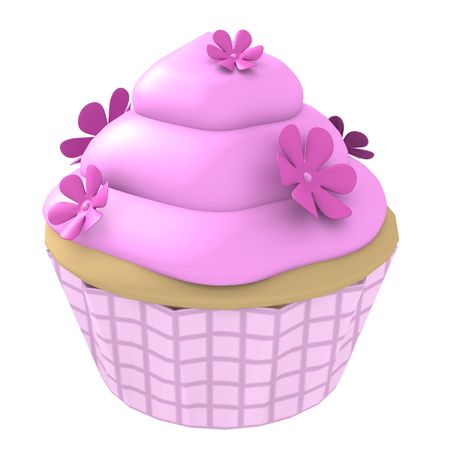 3D generated cupcake with pink frosting and flowers isolated on a white backgroundの写真素材