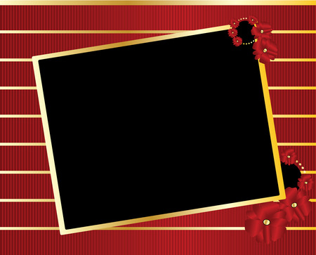 Gold tilted rectangle with blank black center on a gold and red striped backgroundのイラスト素材