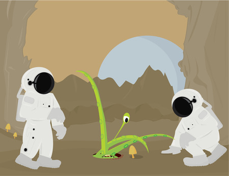 Two astronauts and green one eyed alien in a brown landscape with a blue moonのイラスト素材