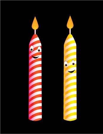 Two birthday candles with cheerful smiles and flames isolated on a black backgroundのイラスト素材