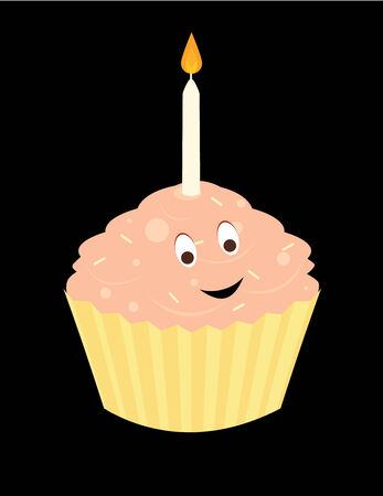 Happy cupcake with lit candle and pink frosting on a black backgroundのイラスト素材
