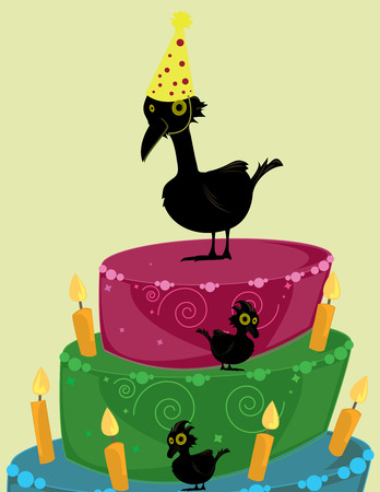Large and small black birds on a brightly colored three tier birthday cake with candlesのイラスト素材