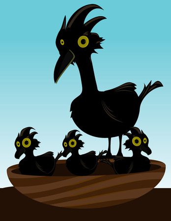 Black bird in a nest with three baby chicksのイラスト素材