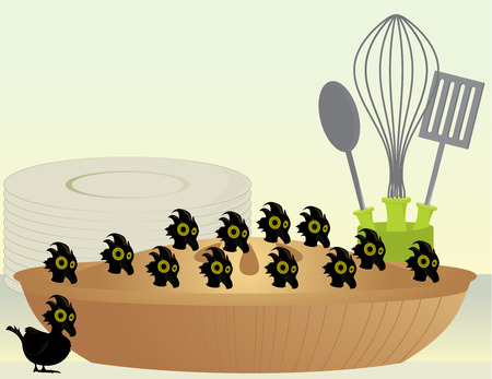 Black birds baked into a pie in front of dishes and cooking utensilsのイラスト素材