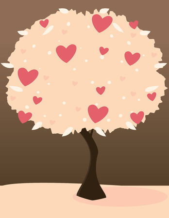 Pink heart tree on pink land with dark skyのイラスト素材