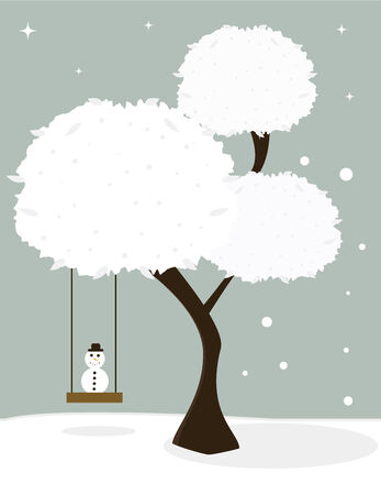 Tree with white snowy leaves and a tree swing seating a small snowman on a wintry backgroundのイラスト素材