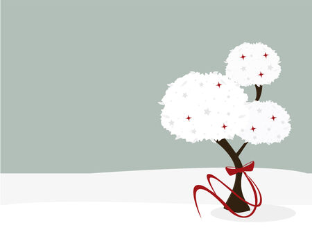 A wintery tree with a red bow around its trunk in a snowy background with space for copyのイラスト素材