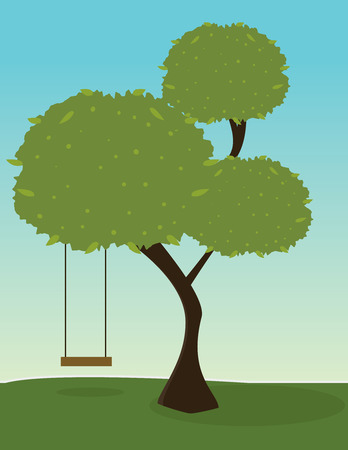 Green tree with tree segments and a swing on an outdoor backgroundのイラスト素材