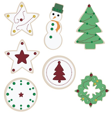 Seven Christmas cookies isolated on a white background including a pine tree, snowman, and starsのイラスト素材