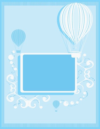 Blue and white hot air balloon background with a rectangular frame and white abstract elementsのイラスト素材