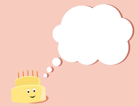 Yellow birthday cake smiling as it thinks all on a pink backgroundのイラスト素材