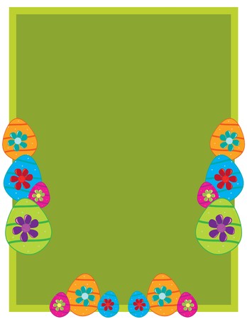 Green rectangular frame with Easter eggs and flowers on a white backgroundのイラスト素材