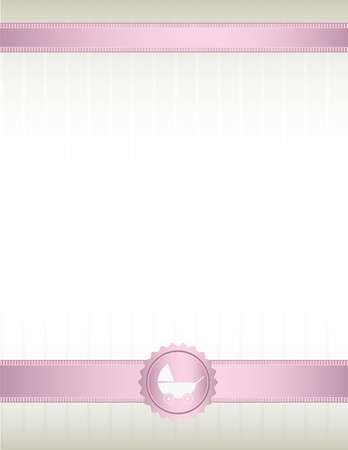 An off white background with pink ribbons at top and bottom and a baby stroller seal designのイラスト素材