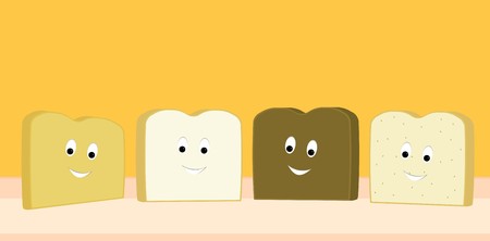 Four different slices of bread smiling happily on an orange backgroundのイラスト素材