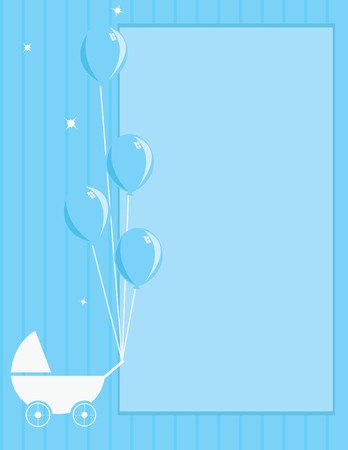 A blue striped background with stroller and balloonsのイラスト素材