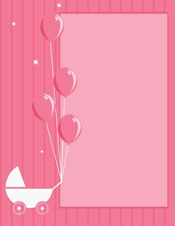 A pink striped background with stroller and balloonsのイラスト素材