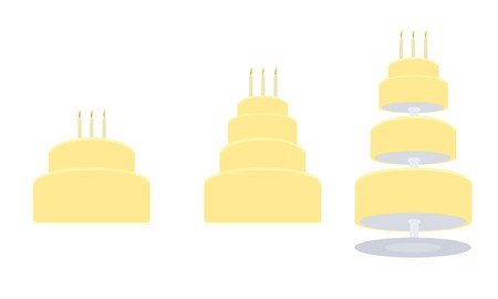 Yellow birthday cakes in two layer, four layer, and tier separated stylesのイラスト素材