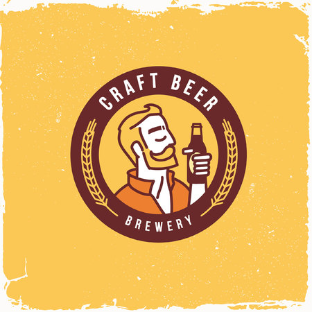 Young hipster man holding bottle of craft beer vector label design. Logotype and badge template for breweries, pubs, brasseries, brew houses and beer barsのイラスト素材