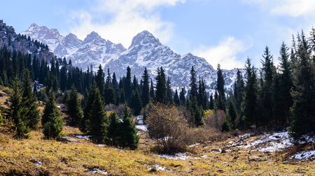 Picturesque mountains covered with snow, Chimbulak, Almaty, Kazakhstan.の写真素材