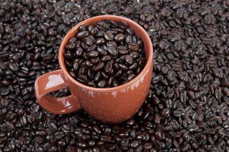 Coffee mug full of coffee beans on pile of coffee beansの写真素材