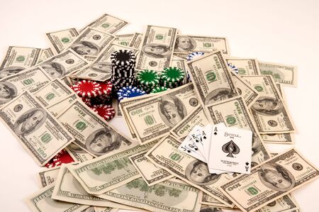 $100 bills in US currency with poker chips and cardsのeditorial素材