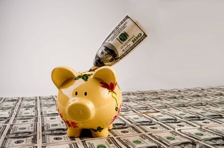 $100 bills in US currency with piggy bank on top of moneyの写真素材