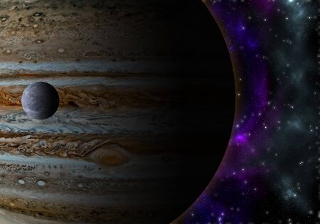 Illustration of jupiter next to ganimedes in a background full of stars and colorful clouds. Texture for Jupiter courtesy , it does not represent real jupiter and its moon size.の写真素材